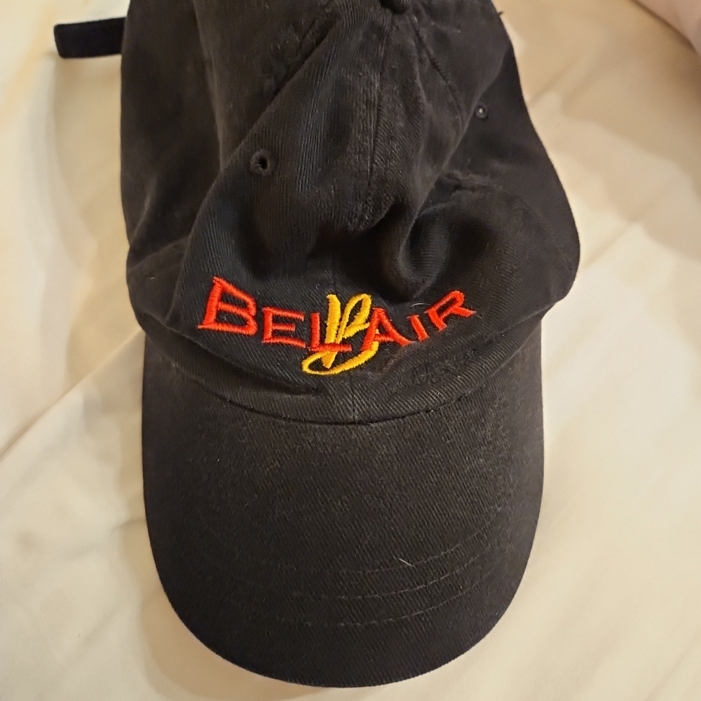 Vtg Black Baseball Cap W/ Belair Embroidered And Buckle Back Head Shots (A-44)